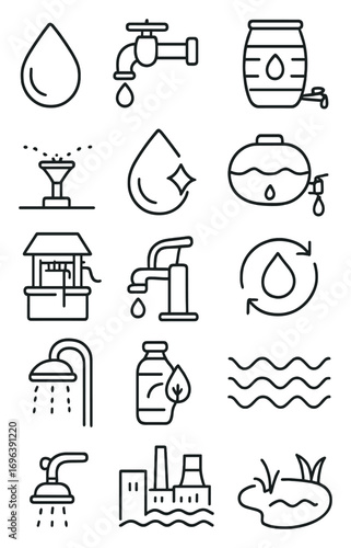 Water Conservation icons in minimalistic line art style: water drop, faucet, water filter, rain barrel, sprinkler, clean water icon, water tank, drip