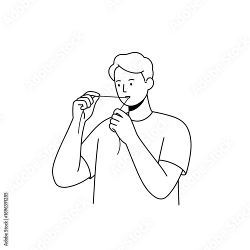 Simple vector linear illustration of a man using floss