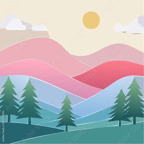 Stylized illustration of a serene landscape featuring rolling hills, evergreen trees, and a bright sun.