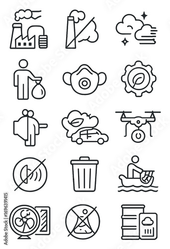 Pollution Control icons in minimalistic line art style: factory with filter, smokestack ban, clean air icon, air purifier, trash pickup,