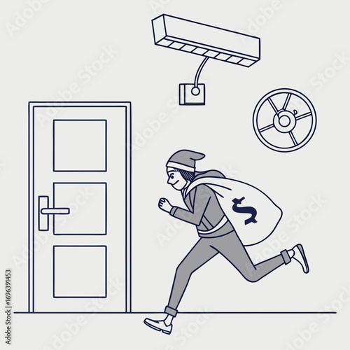 A cartoon burglar wearing a hat and carrying a sack of money runs away from a door near a security camera and a safe