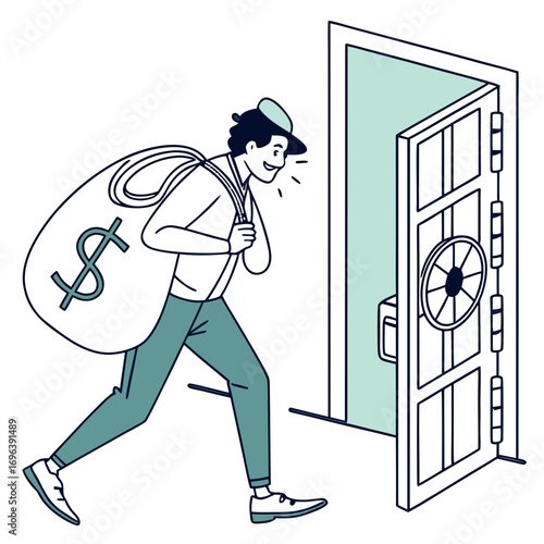 A happy thief wearing a hat carries a large bag of money with a dollar sign out of an open vault door