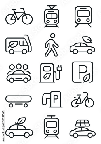 Clean Transportation icons in minimalistic line art style: bicycle, scooter, tram, subway, electric bus, walking icon, hybrid car, pedestrian sign,