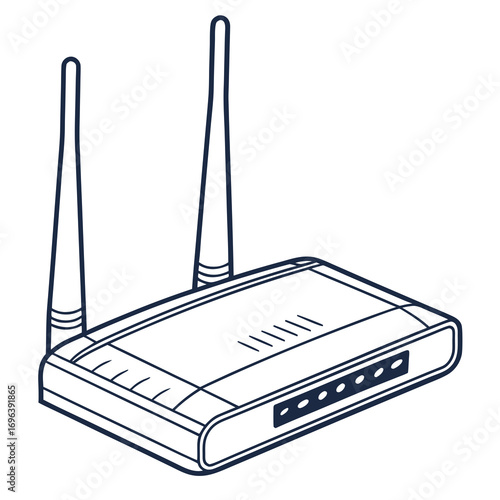 Clean line drawing of a modern wireless router with two antennas and indicator lights
