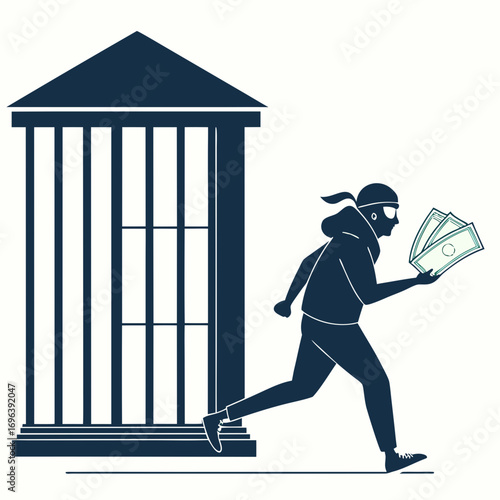 Masked thief running away from a building holding stolen money cash in hand concept illustration