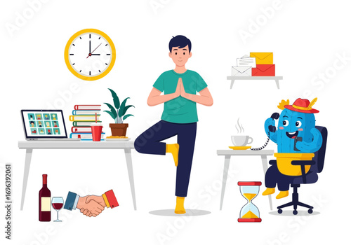 Vector art of man meditating in tree pose at desk with hourglass and phone, symbolizing worklife balance and productivity