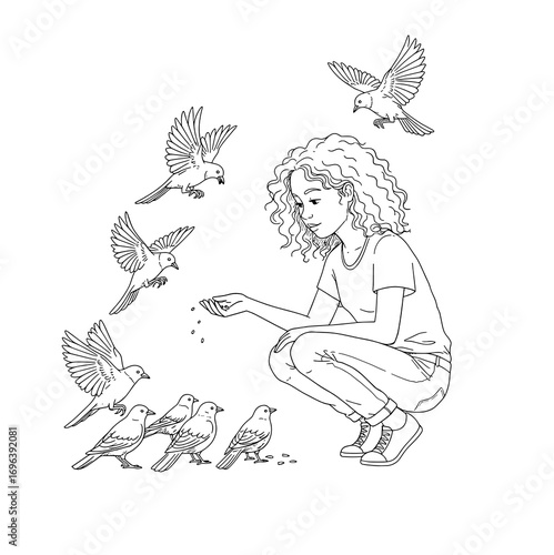 Sketch style illustration of a girl feeding birds, black and white, minimal dynamic design
