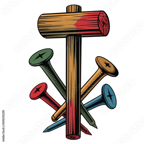 Colorful vector of three nails and a wooden hammer representing crucifixion isolated on white background