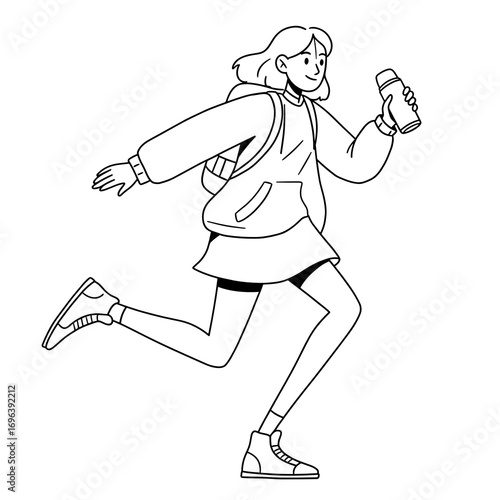 Girl with thermos, simple vector linear illustration, sketch style, black and white