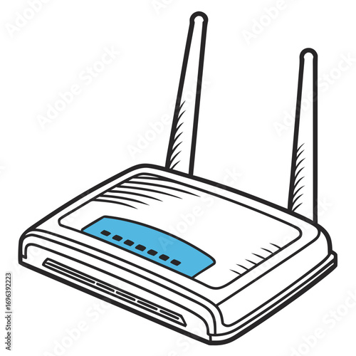 Modern wireless router with two antennas and blue indicator lights for network connectivity