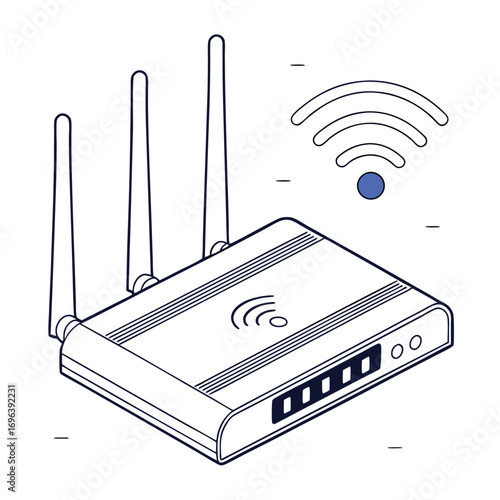 Modern wireless router with three antennas and wi fi signal icon in a clean line art illustration style