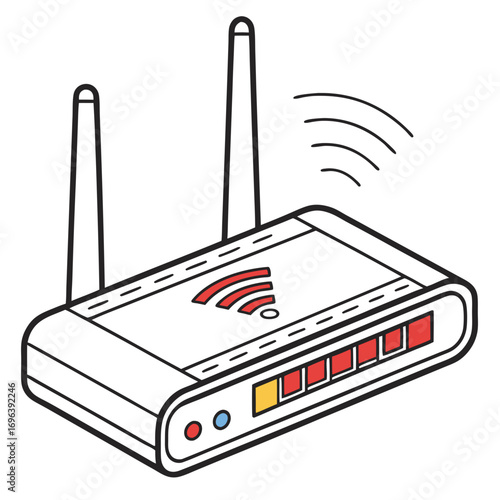 Modern wireless router with antennas emitting wi fi signal and indicator lights on a white background