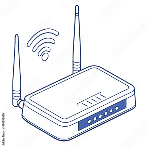 Wireless internet router with two antennas and wifi signal waves emanating from it