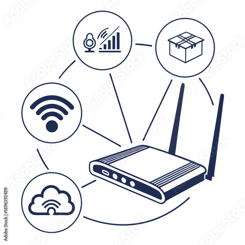 Wireless internet router connecting to cloud wi fi signal and package delivery services