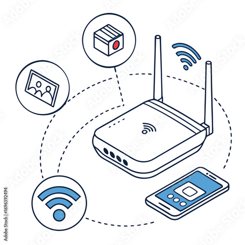 Wireless router connecting devices like a smartphone security camera and photo frame via wi fi signals