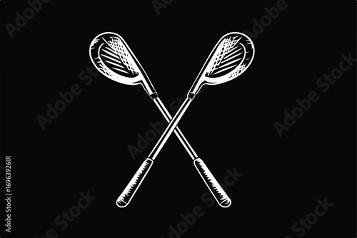 Crossed golf clubs illustration in white on black background sports equipment and recreation concept design