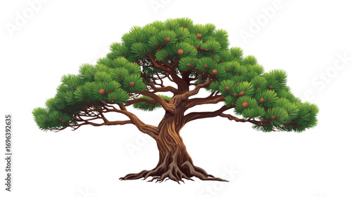 Majestic Bonsai Pine Tree with Lush Green Foliage and Exposed Roots