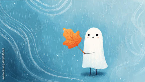 Cute Cartoon Ghost Holding Autumn Leaf in the Rainstorm Embracing the Fall Season and Weather