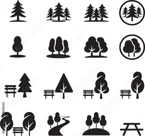 Public Park Vector Icons – Silhouettes and Flat Design of Urban Nature, Trees, and Outdoor Recreation Elements