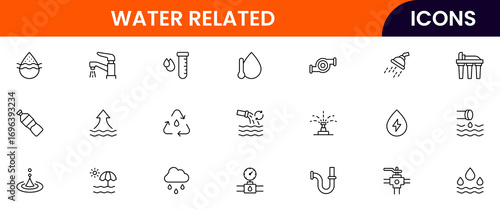 Water-Related vector web line icon collection, sleek illustrations of waves, drops, EV tech, and sustainable aquatic systems for eco-designs.