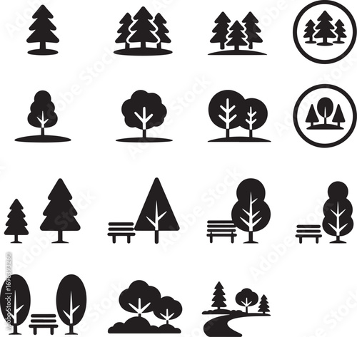 Public Park Vector Icons – Silhouettes and Flat Design of Urban Nature, Trees, and Outdoor Recreation Elements