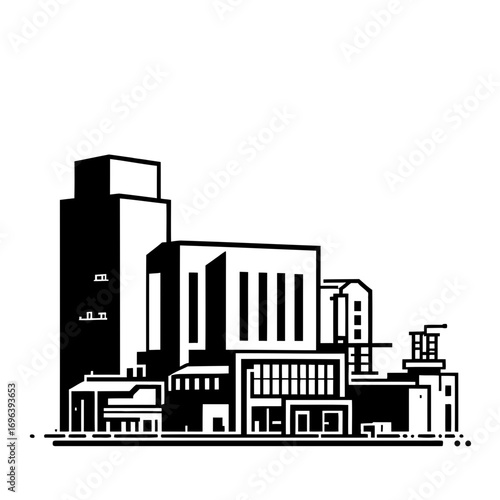 Black silhouette vector icon of an industrial factory building against a city skyline