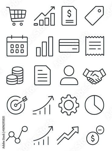 Sales and Performance icons in minimalistic line art style: shopping cart, upward graph, sales document, price tag, calendar, bar chart, credit card,