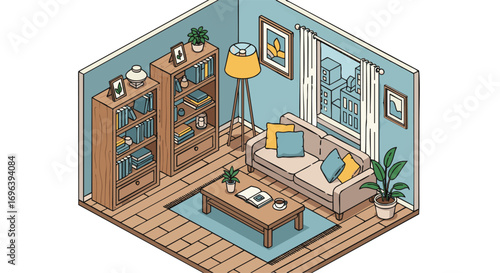 Cozy isometric living room with bookshelves and comfortable sofa Vector Apartment Interior Design Home Comfort