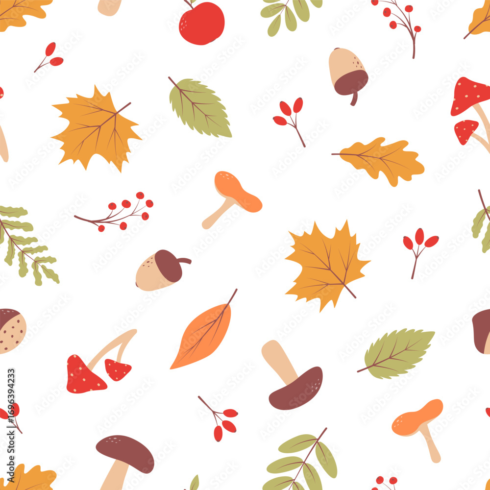 Obraz premium Seamless pattern autumn set of elements. Fall background, leaves and natural gifts. Vector illustration.