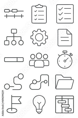 Project Management icons in minimalistic line art style: timeline chart, clipboard, checklist, calendar, flowchart, gear, document, stopwatch,