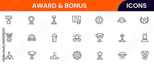 Awards vector web line icon collection, sleek illustrations of trophies, medals, and recognition symbols for celebratory and achievement designs.