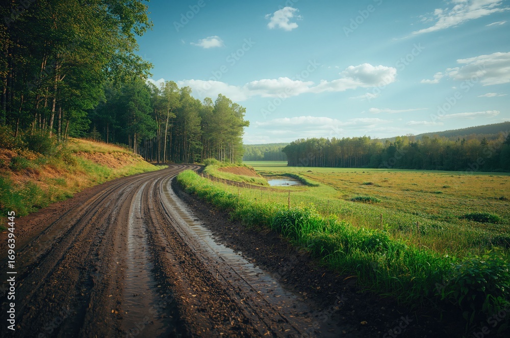 Fototapeta premium Slippery path descending from the hill to the water