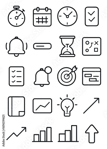 Time Management icons in minimalistic line art style: stopwatch, calendar, clock icon, checklist, alarm bell, progress bar, hourglass, plan board,