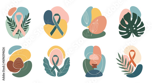Abstract minimalist collection of awareness ribbons and organic shapes Health Wellness Support Boho Design Vector