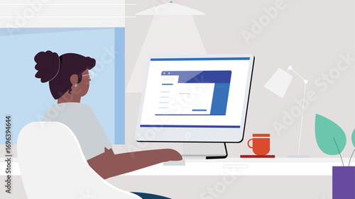 Woman Working on Computer in Modern Home Office