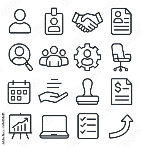 Human Resources icons in minimalistic line art style: employee icon, ID badge, handshake, resume, recruitment icon, team, gear with person, interview