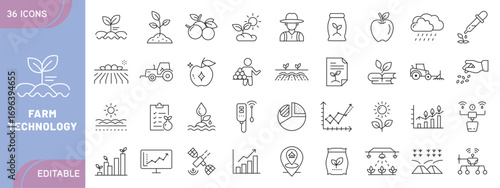 Farm Technology Icon Set – Agriculture, Smart Farming, Tractor, Drone, Irrigation, Harvesting, Organic Food, Sustainability, Innovation, and Modern Farming Equipment