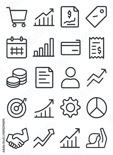 Sales and Performance icons in minimalistic line art style: shopping cart, upward graph, sales document, price tag, calendar, bar chart, credit card,