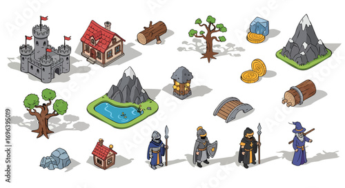 Isometric fantasy game assets pack medieval characters buildings nature castle village warrior wizard coins mountain bridge