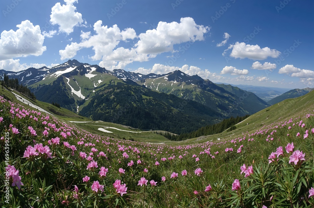 Fototapeta premium Scenic View of Spring Mountains Featuring Blooming Rhododendron and Snow Patches Beneath a Cloudy Blue Sky