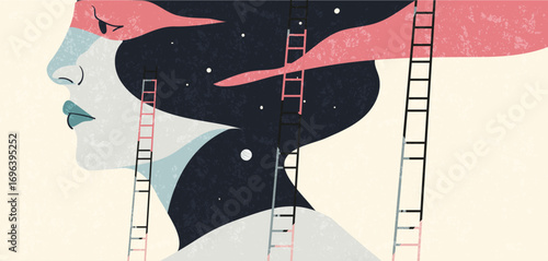 Woman profile with stairs near her face and space inside her head. Abstract vector illustration with textured surface. Concept of imagination, dreams, psychology, mindfulness, surreal art for poster