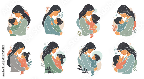 Abstract minimalist illustrations of mothers holding their babies motherhood love family care bonding parent vector