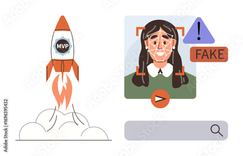 Rocket with MVP text launching and a facial recognition interface detecting a fake video with a warning icon. Ideal for tech innovation, AI, deepfake detection, startup growth, product launch