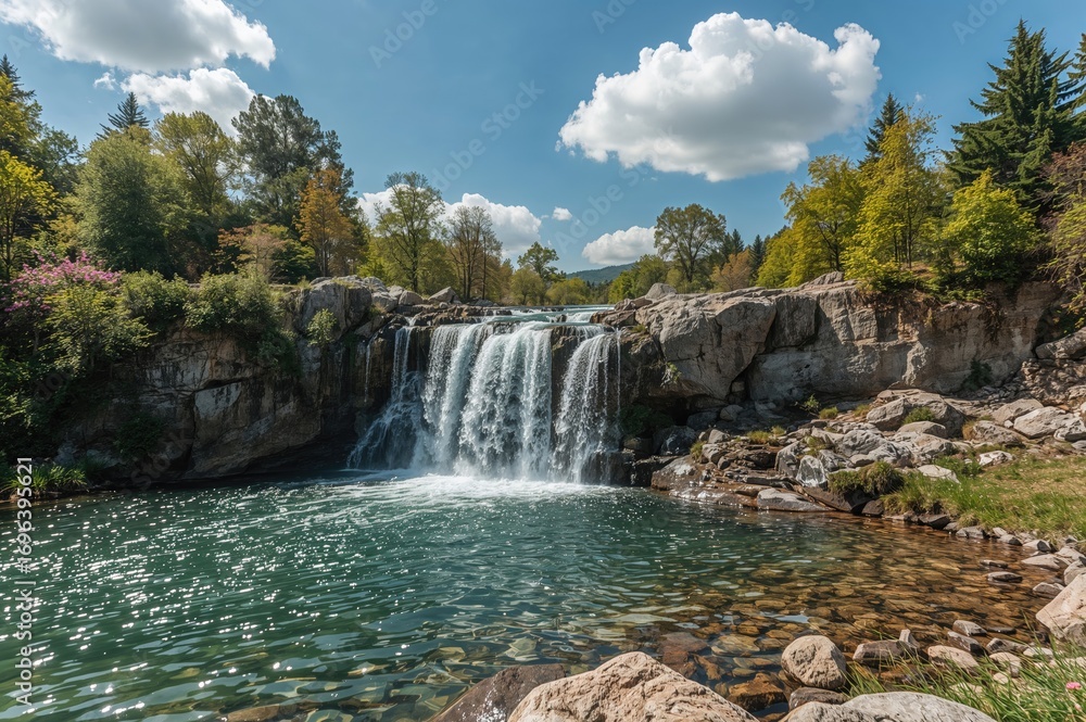 Obraz premium Waterfall in a Lush Green Forest During Spring and Summer