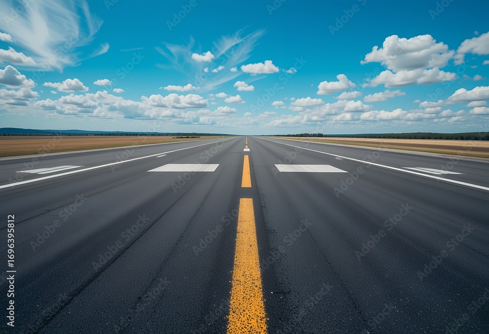 Naklejka premium Endless perspective of a clear runway stretching toward a vibrant blue sky with scattered clouds