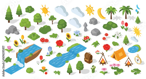 Isometric vector nature camping elements park landscape graphic assets Trees Flowers Rocks Sun Clouds Rivers Tent Campfire Backpack Compass