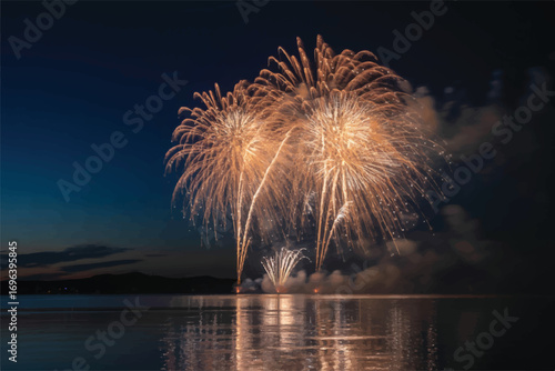 Spectacular fireworks display over a serene lake at night, vibrant explosions and water reflections