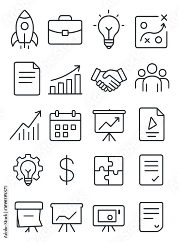 Entrepreneurship icons in minimalistic line art style: rocket icon, startup briefcase, lightbulb, strategy map, document, investment chart, handshake,