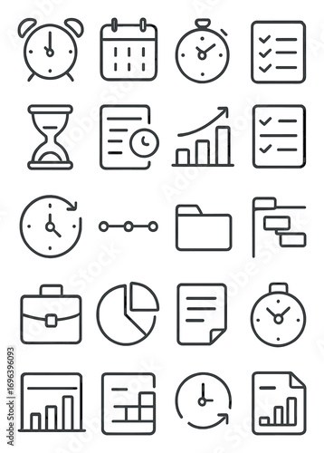 Time and productivity icons in minimalistic line art style: alarm clock, calendar, stopwatch, task list, hourglass, schedule icon, productivity graph,