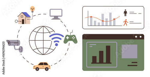 Network of devices thumbs up home, car, surveillance, and controllers linked via global connectivity. Screens display analytics, indicating usage and performance. Ideal for technology, IoT, smart